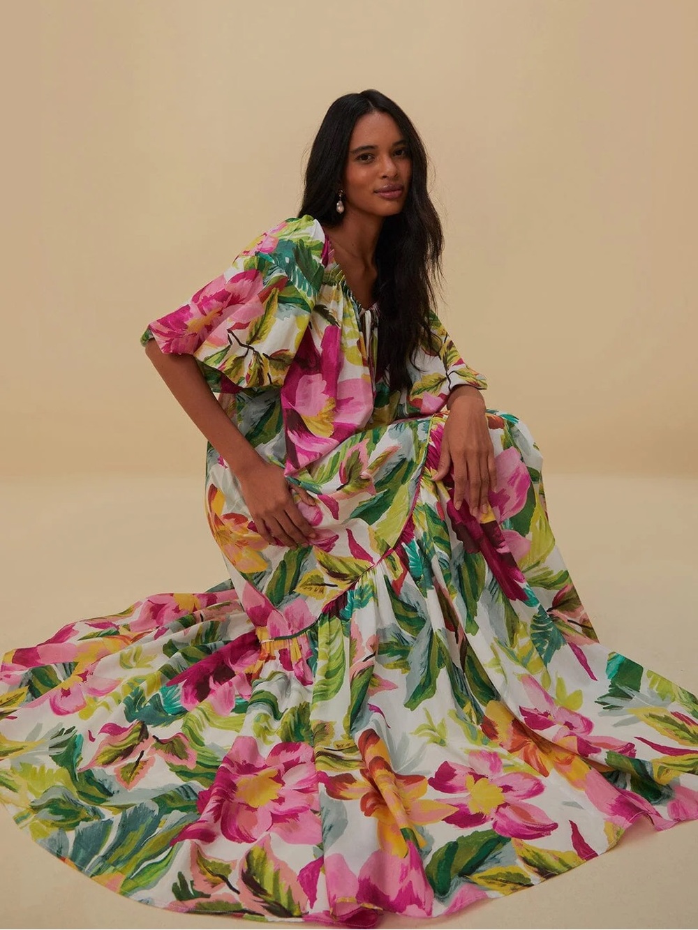 Farm Rio Painted Flowers cotton-blend maxi dress